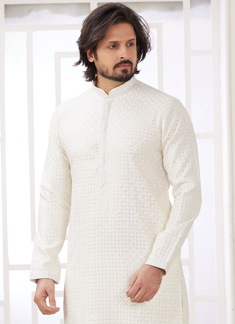 Cream Kurta Pajama aus Art Silk – Festliche Herrenmode