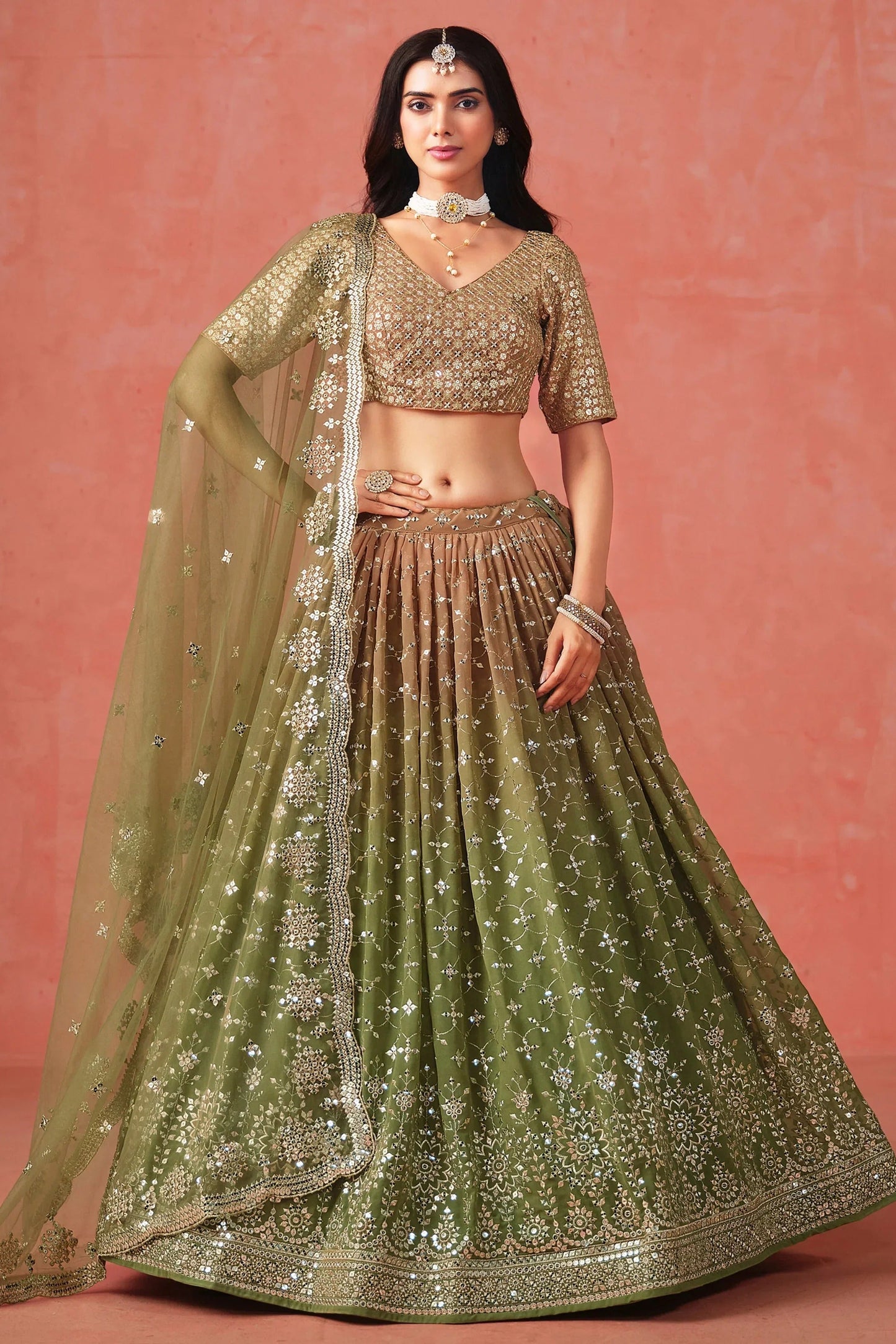 Mehendi Georgette Sequins Work Lehenga Choli