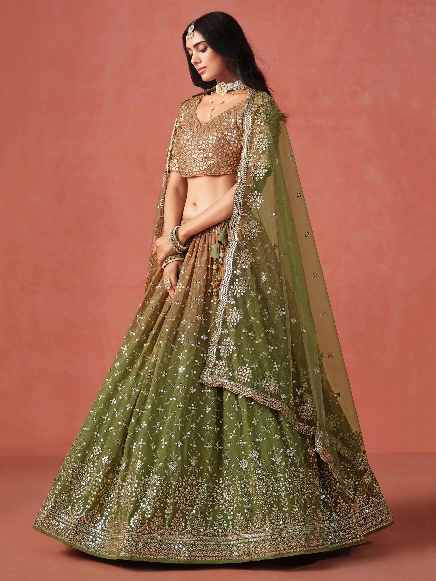 Mehendi Georgette Sequins Work Lehenga Choli
