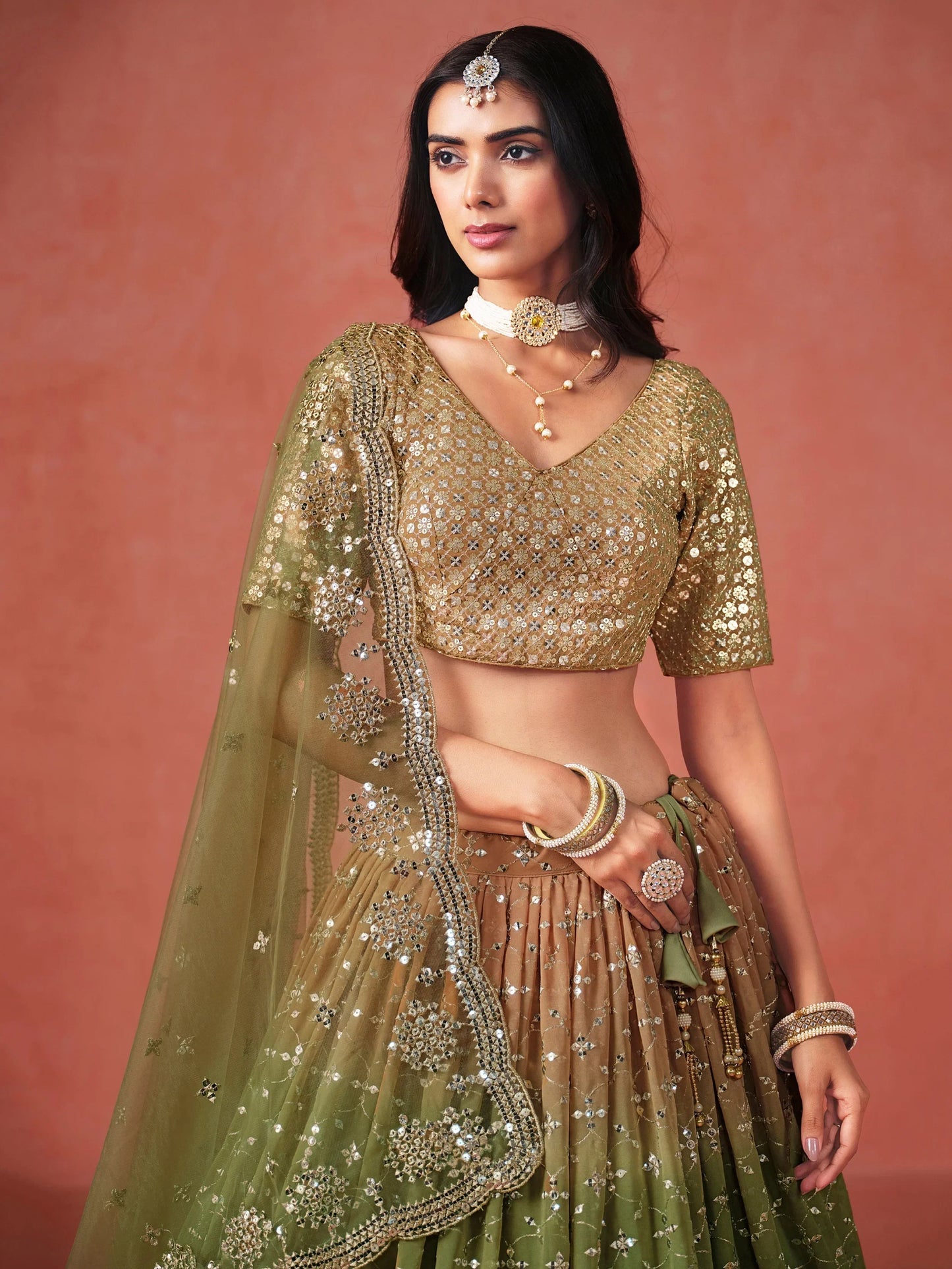 Mehendi Georgette Sequins Work Lehenga Choli