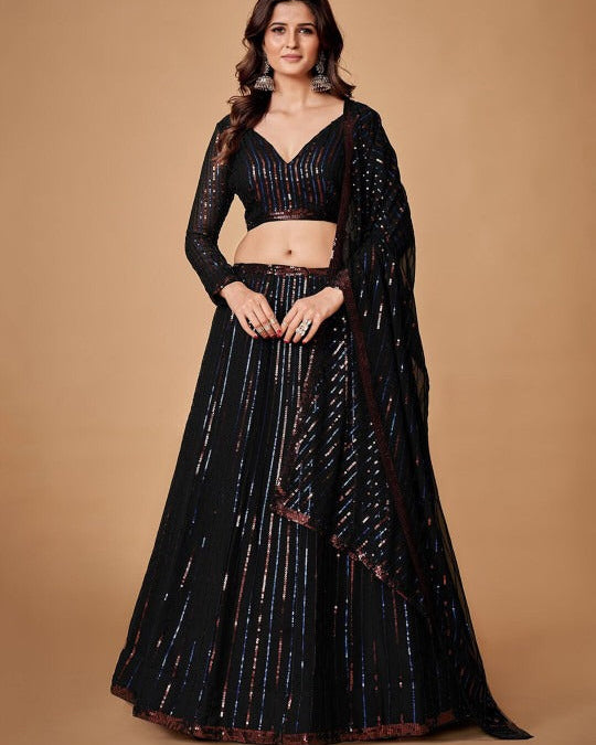 Black Sequin Georgette Lehenga Choli mit Dupatta