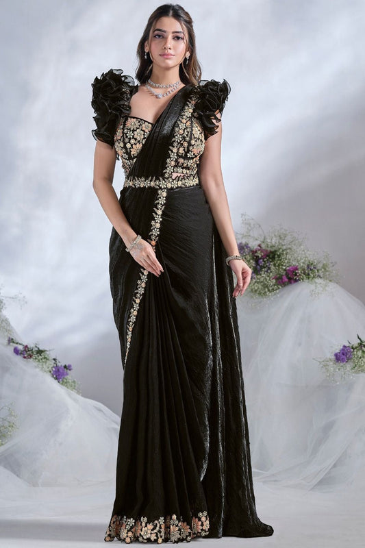 Black Satin Pre-Stitched Saree with Belt – Elegant & Easy to Wear