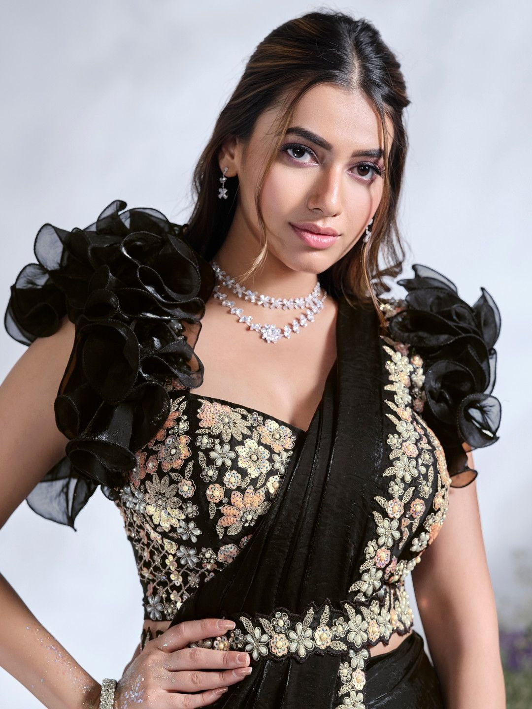 Black Satin Pre-Stitched Saree with Belt – Elegant & Easy to Wear