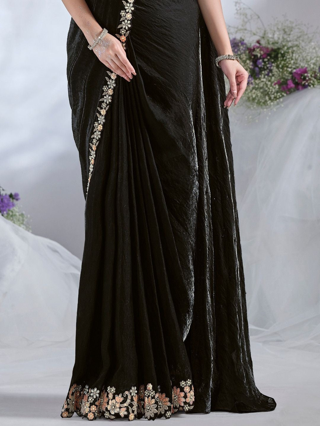 Black Satin Pre-Stitched Saree with Belt – Elegant & Easy to Wear
