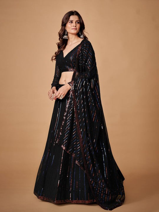 Black Sequin Georgette Lehenga Choli mit Dupatta