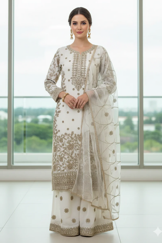 Embroidered Chiffon 3-Piece Suit- 1906- White