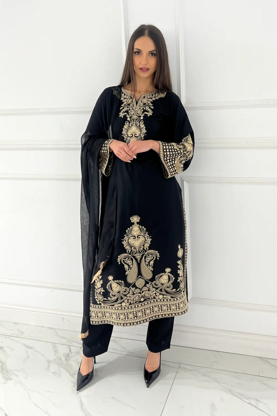 Premium Linen Embroidered 3-Piece Set - 351- Black