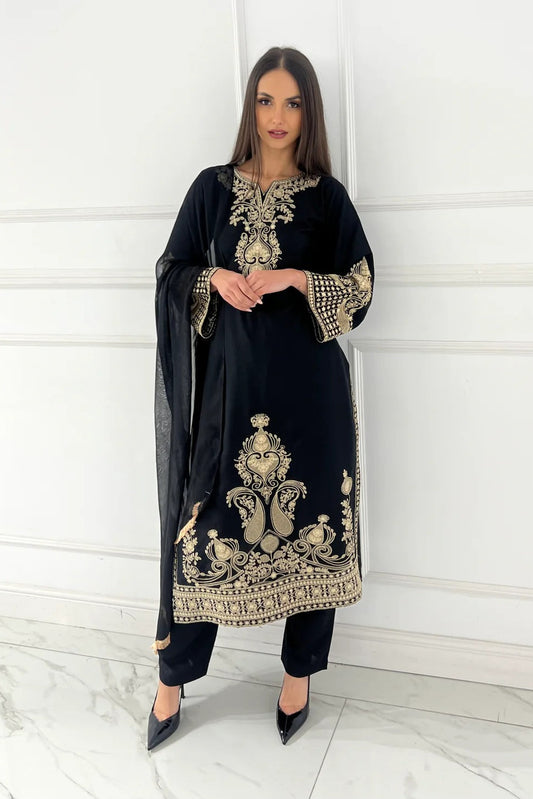 Premium Linen Embroidered 3-Piece Set - 351- Black