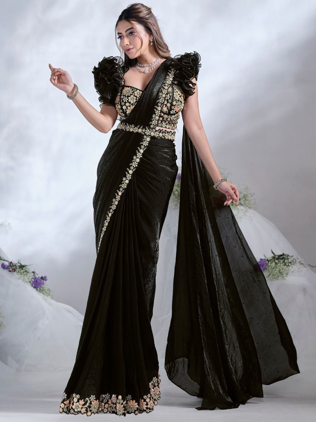 Black Satin Pre-Stitched Saree with Belt – Elegant & Easy to Wear