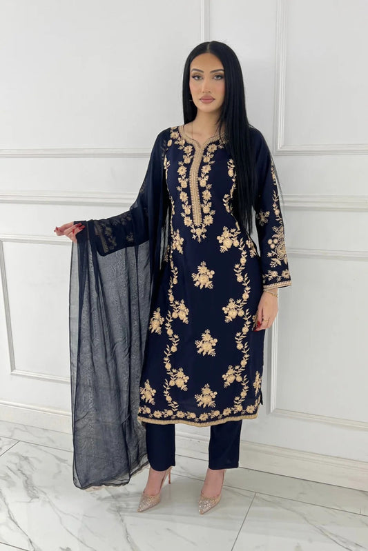 Premium Linen Embroidered 3-Piece Set - 338- Navy