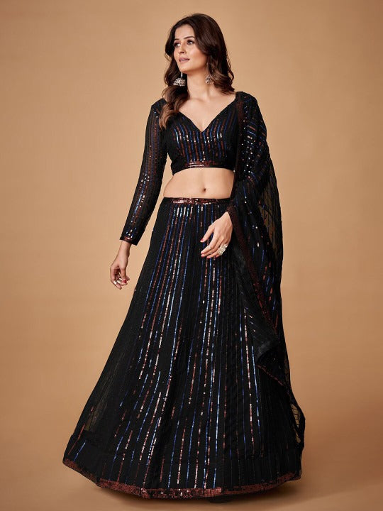 Black Sequin Georgette Lehenga Choli mit Dupatta