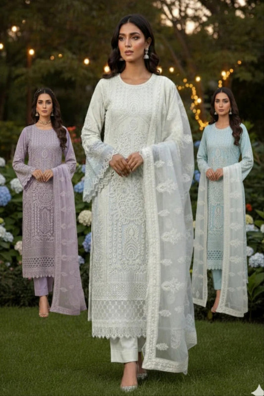 Premium Organza 3-Piece Set – 357- White