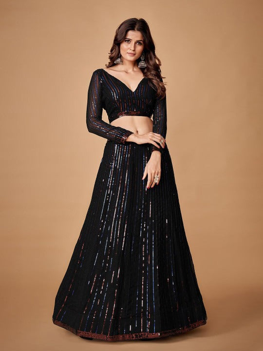 Black Sequin Georgette Lehenga Choli mit Dupatta