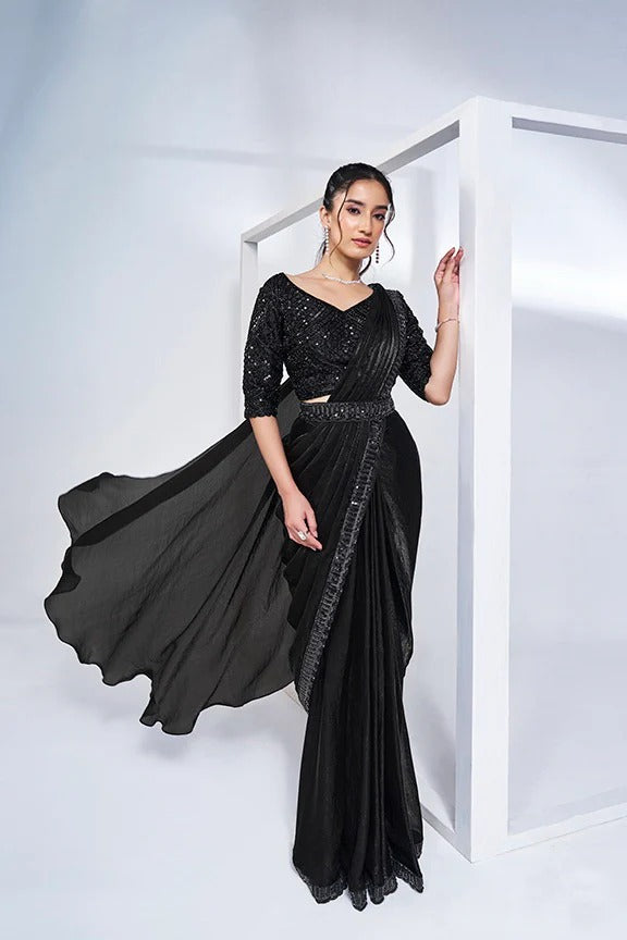 Black Satin Pre-Stitched Saree with Belt – Elegant & Easy to Wear
