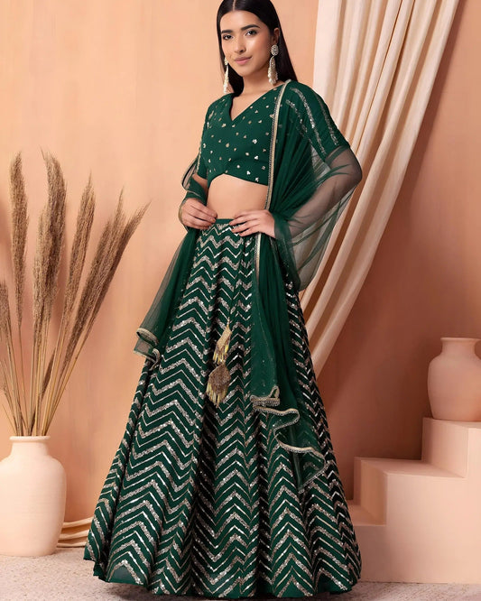 Green Embroidered Georgette Lehenga Set