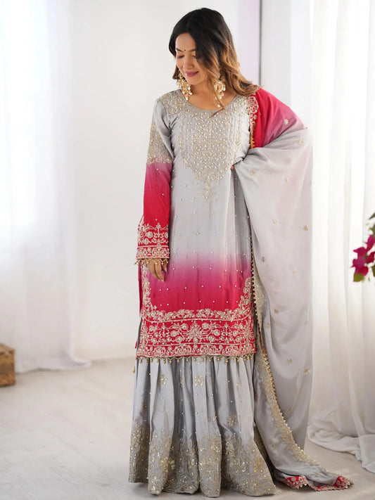 Grey Pearl Work Festive Wear Chinon Sharara Suit