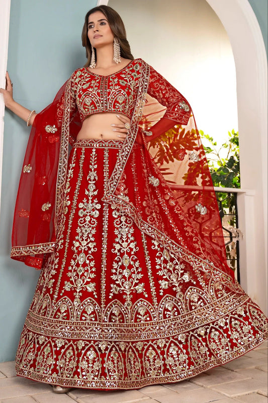 Rotes Net Sequins Work Lehenga Choli