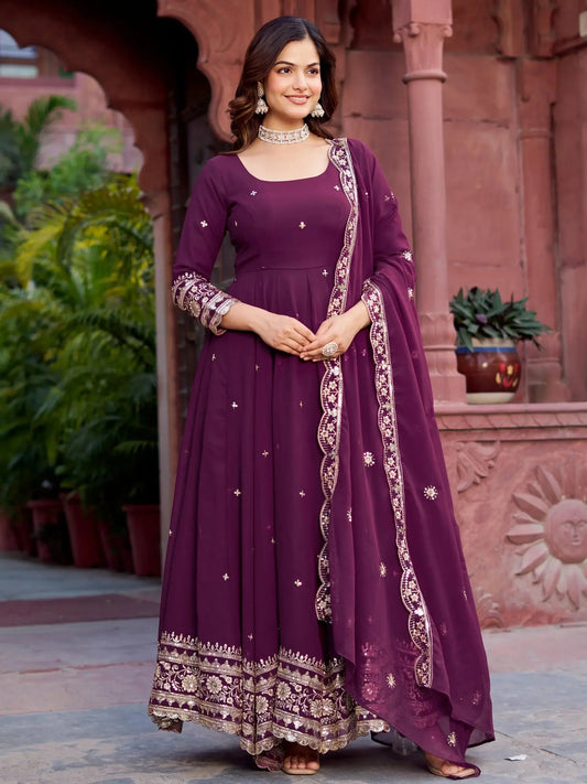 Wine Sequins Georgette Wedding Gown With Dupatta