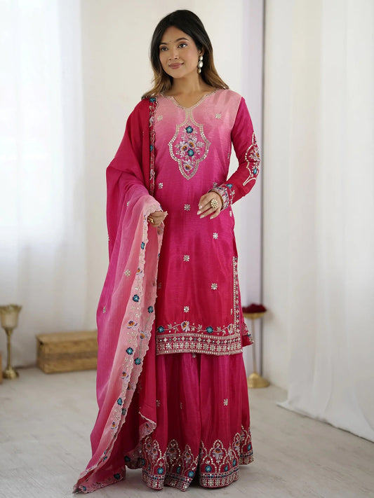 Hot Pink Sequins Embroidered Chinon Sharara Suit