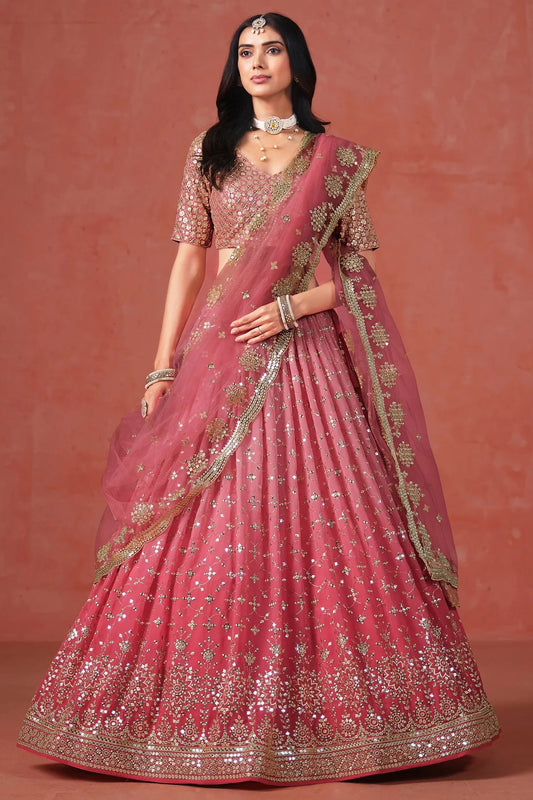 Peach Pink Georgette Sequins Work Lehenga Choli