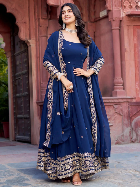 Navy Georgette Anarkali mit Dupatta