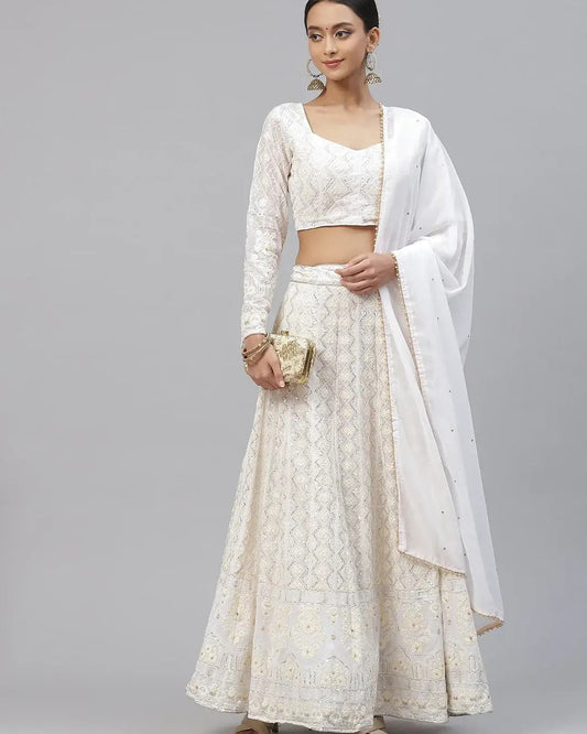 White Embroidered Georgette Lehenga Set