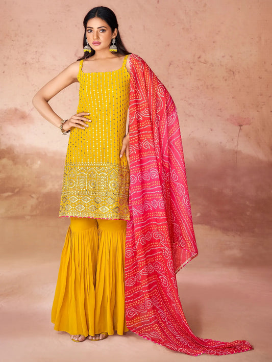 Yellow Georgette Sharara Suit With Dupatta