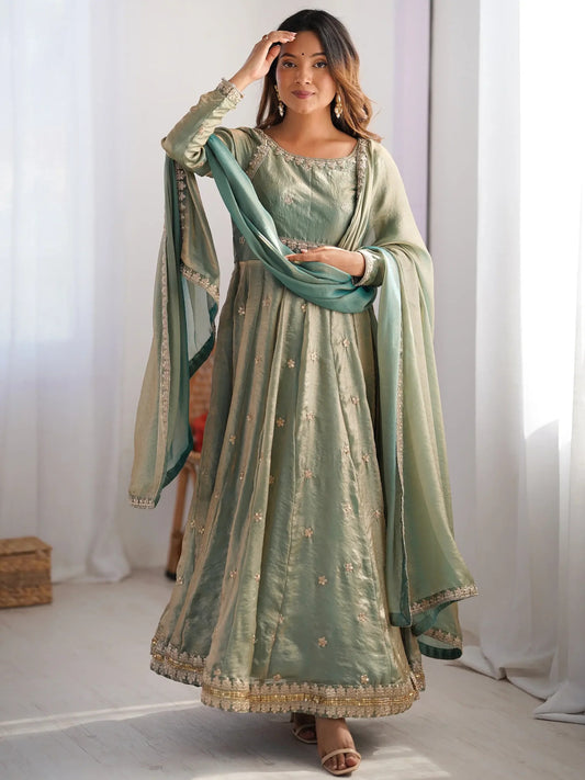 Green Sequins Silk Traditional Gown With Dupatta