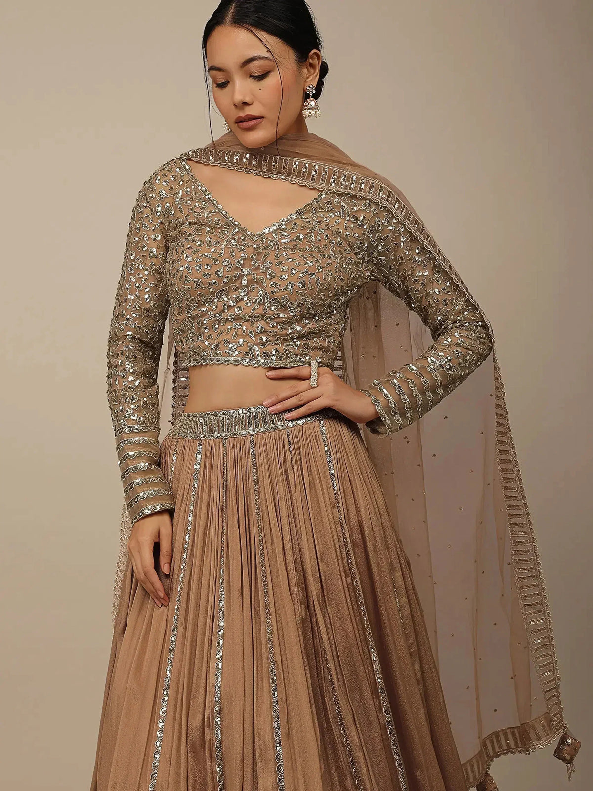 Beige Sequins Georgette Lehenga Choli