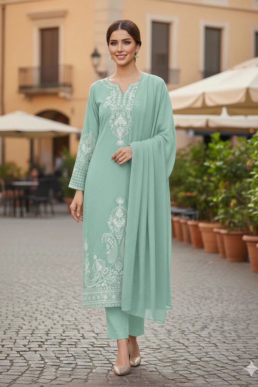 Premium Linen Embroidered 3-Piece Set - 351- Mint