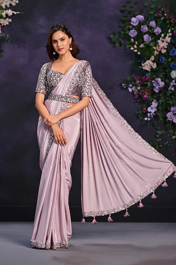 Lavender Satin Pre-Stitched Saree with Belt – Elegant & Easy to Wear
