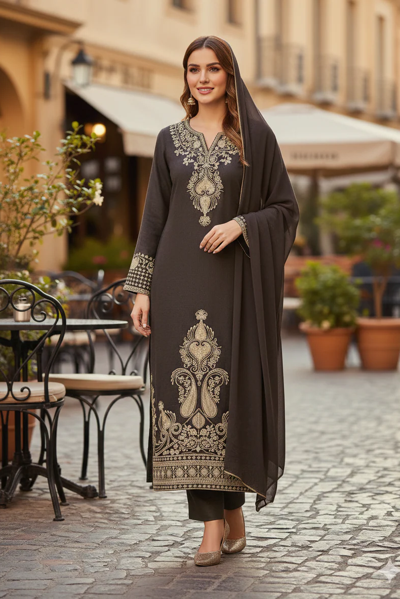 Premium Linen Embroidered 3-Piece Set - 351- Brown