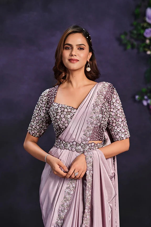 Lavender Satin Pre-Stitched Saree with Belt – Elegant & Easy to Wear