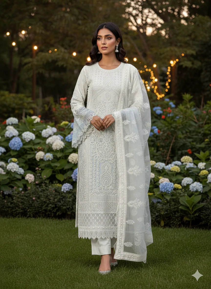 Premium Organza 3-Piece Set – 357- White