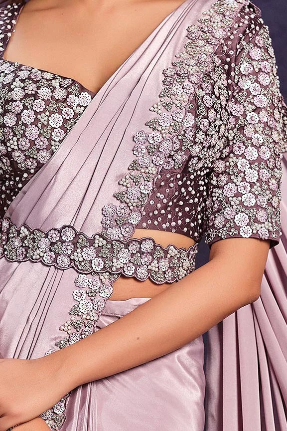 Lavender Satin Pre-Stitched Saree with Belt – Elegant & Easy to Wear