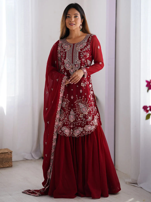 Elegantes Rotes Georgette Sharara-Set