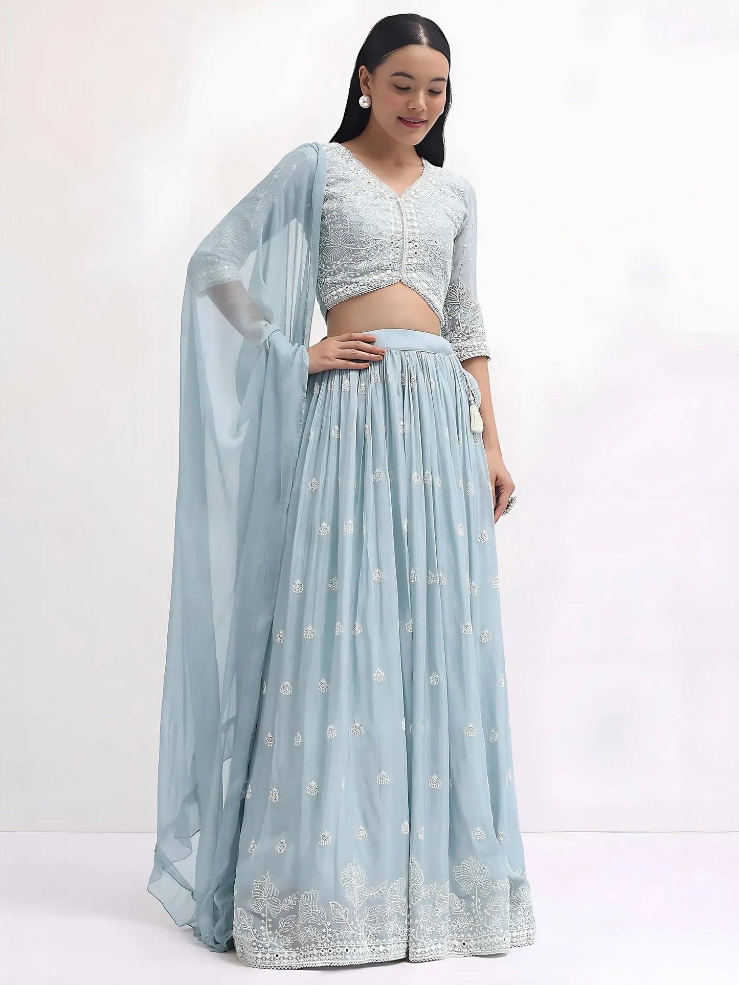Baby Blue Sequin Georgette Lehenga Set