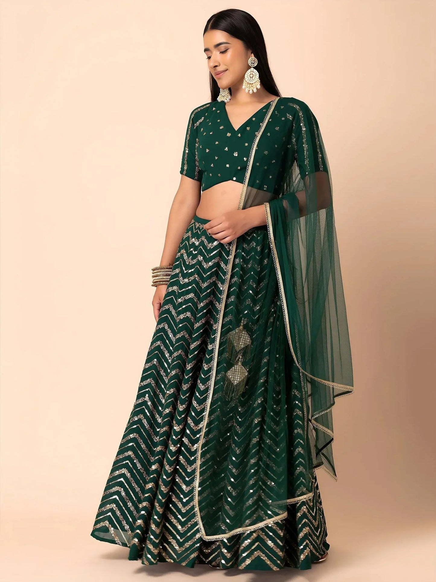 Green Embroidered Georgette Lehenga Set