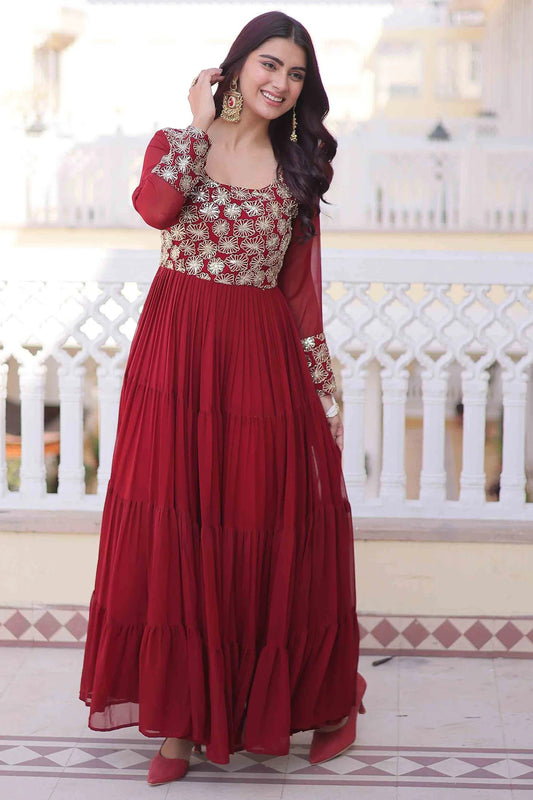 Maroon Zari Georgette Festival Wear Gown With Dupatta