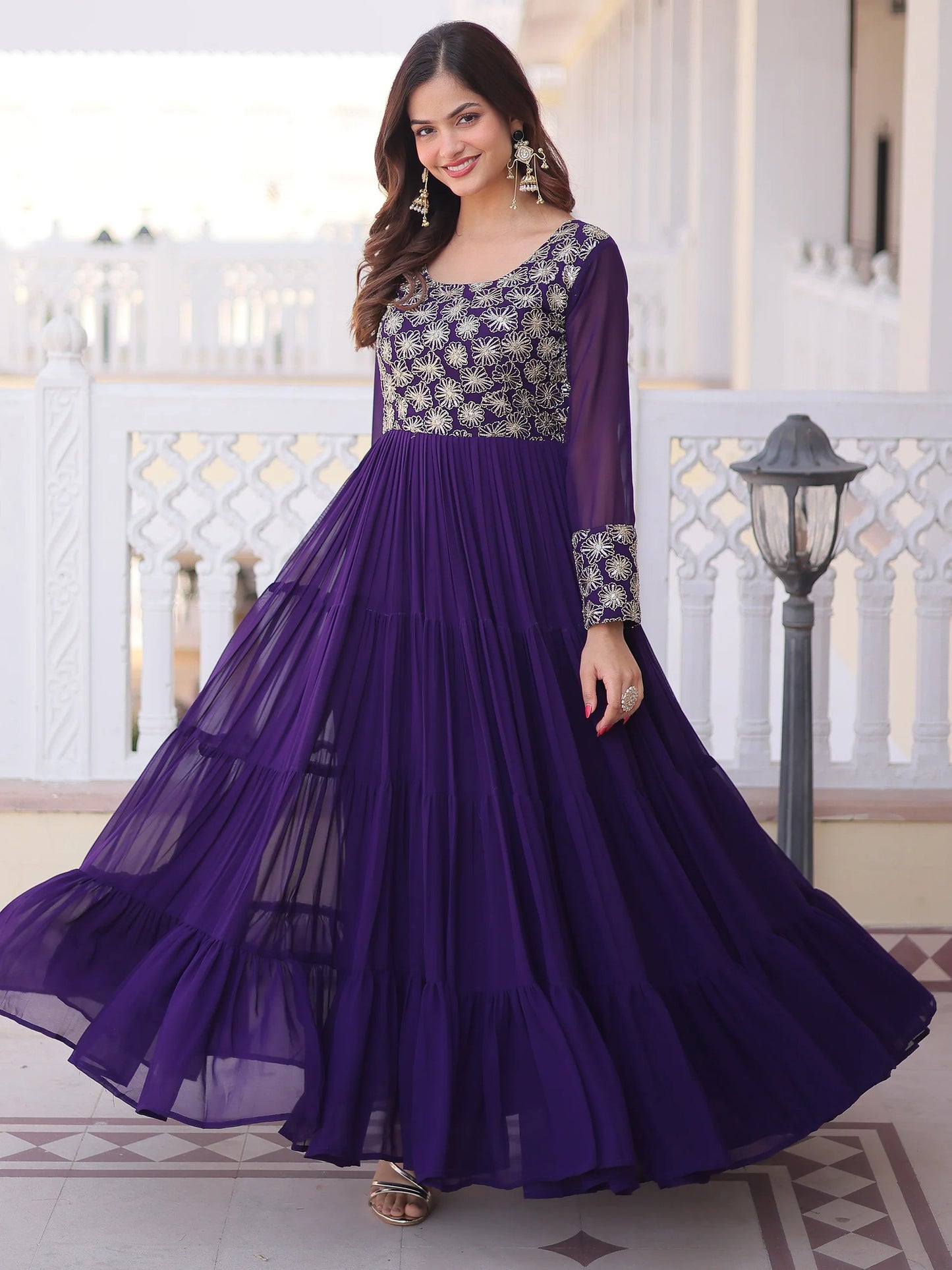 purple Zari Georgette Festival Wear Gown With Dupatta
