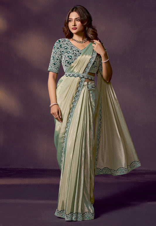 Green Satin Pre-Stitched Saree with Belt – Elegant & Easy to Wear