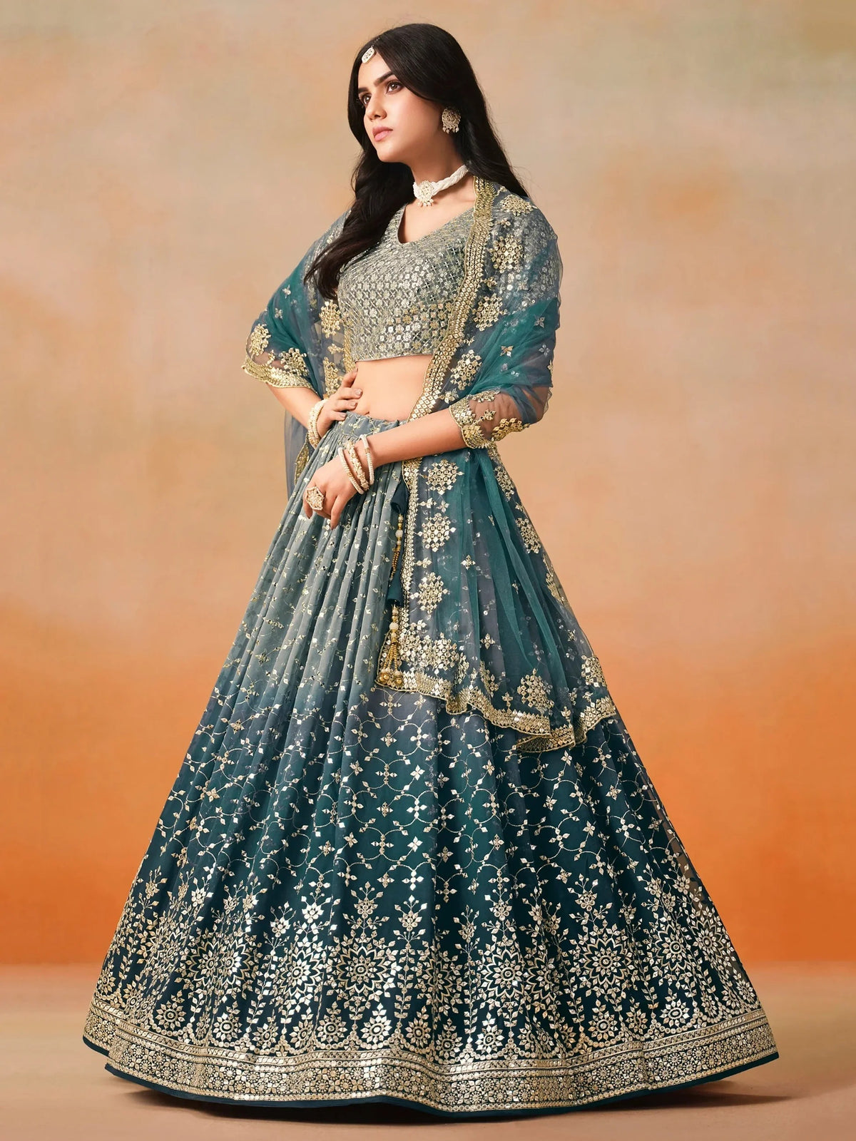 Teal blue Georgette Sequins Work Lehenga Choli