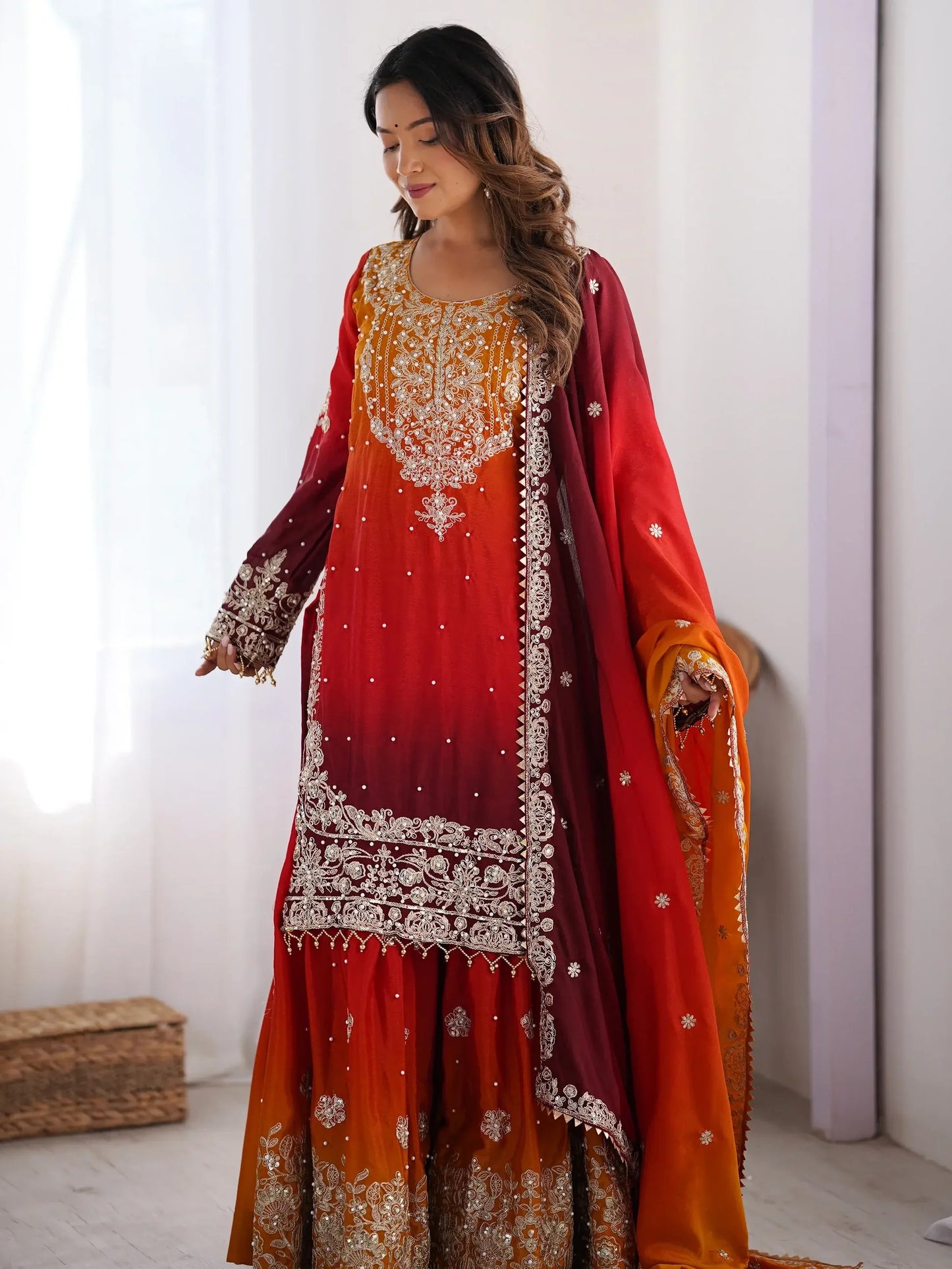 Yellow Orange Chinon Sharara Suit