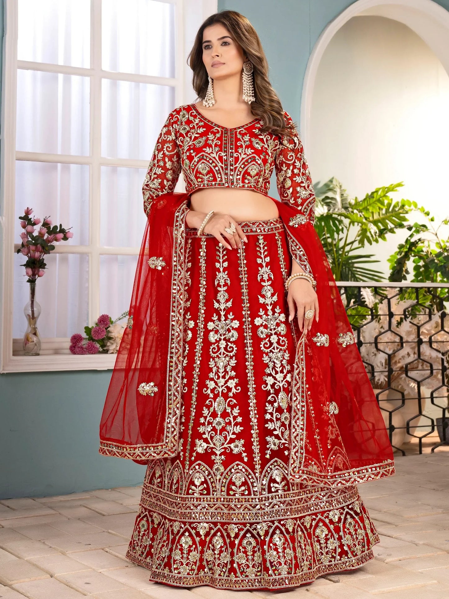 Rotes Net Sequins Work Lehenga Choli