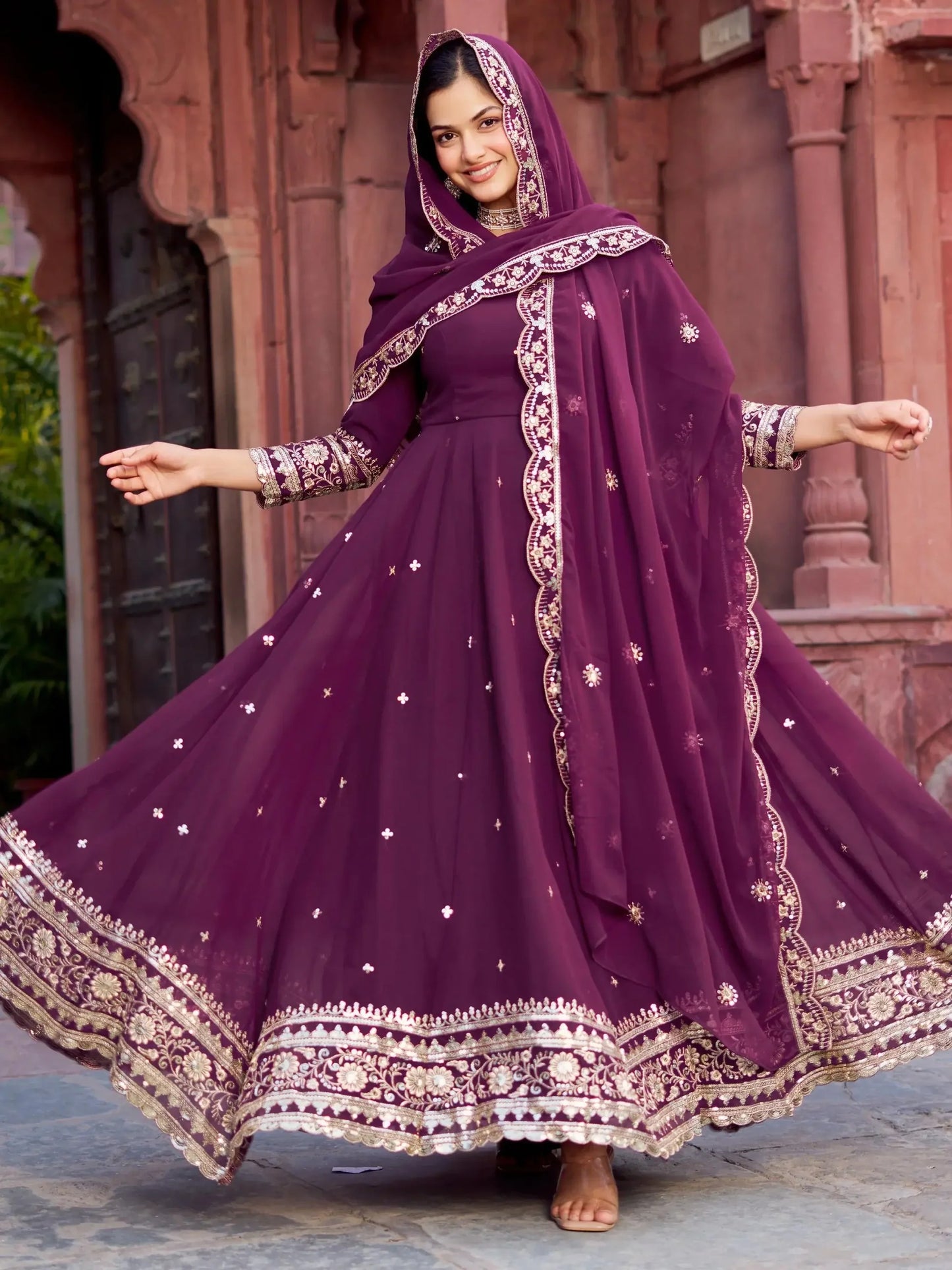 Wine Sequins Georgette Wedding Gown With Dupatta