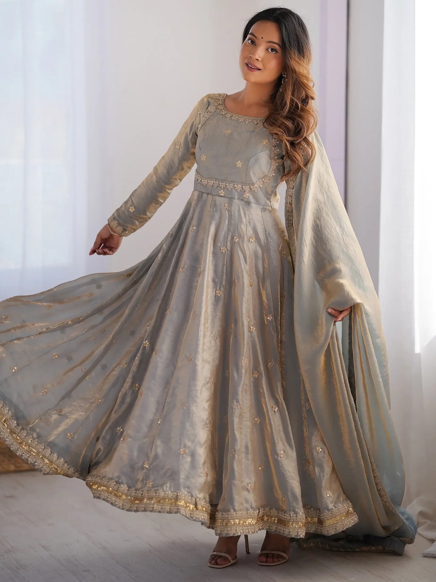 Grey Sequins Silk Traditional Gown With Dupatta
