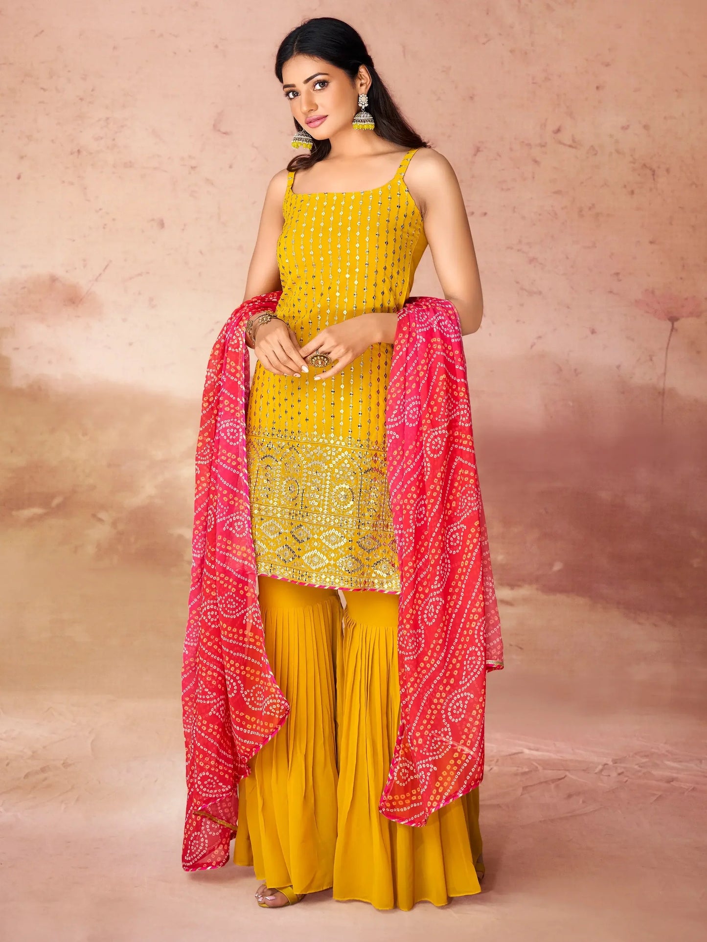 Yellow Georgette Sharara Suit With Dupatta