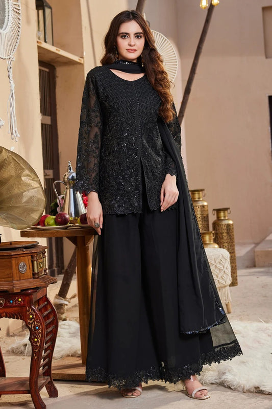 Black Embroidered Kurta Sharara with Dupatta Set