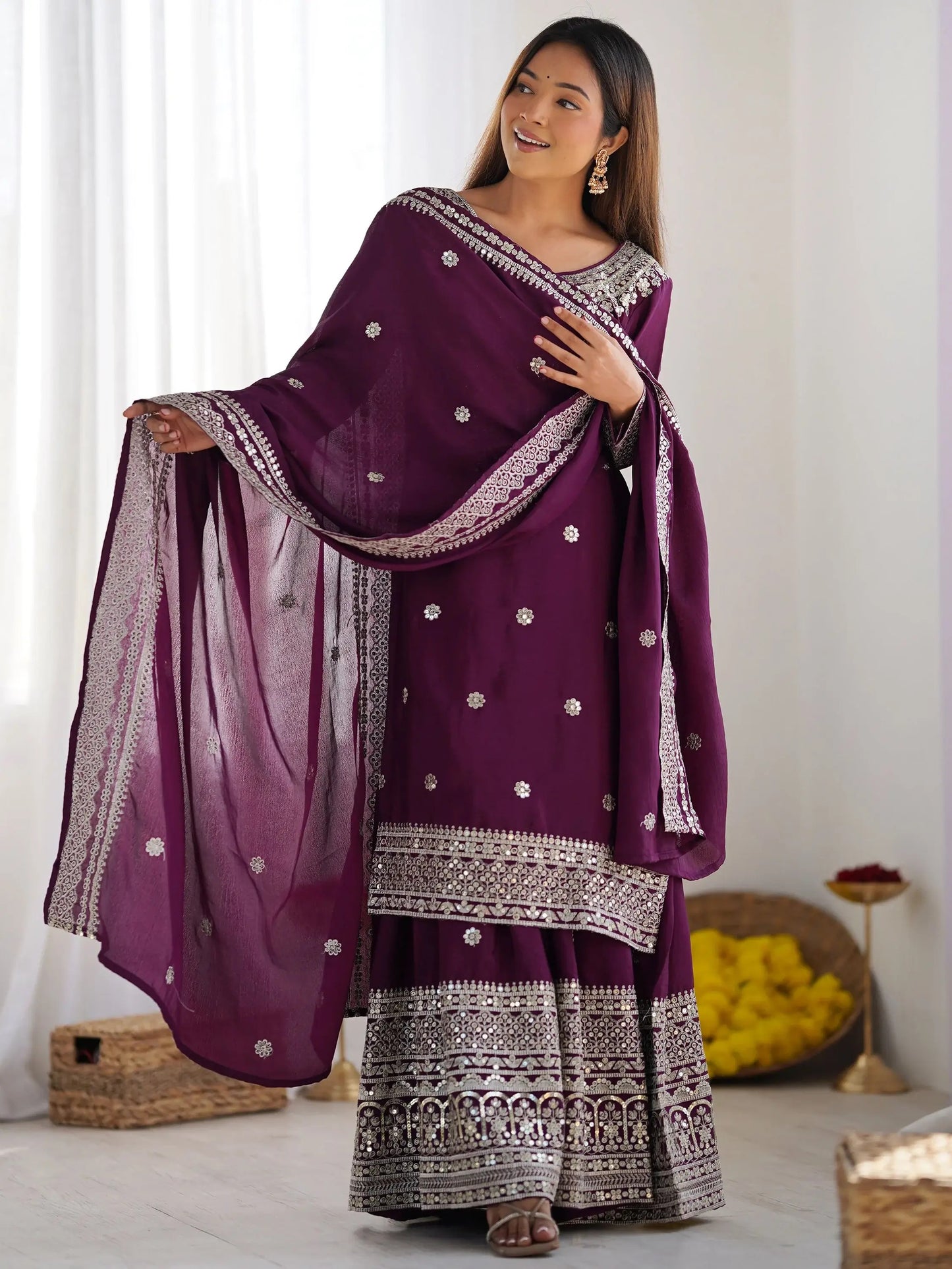 Sequins Chinon Sharara Suit With Dupatta