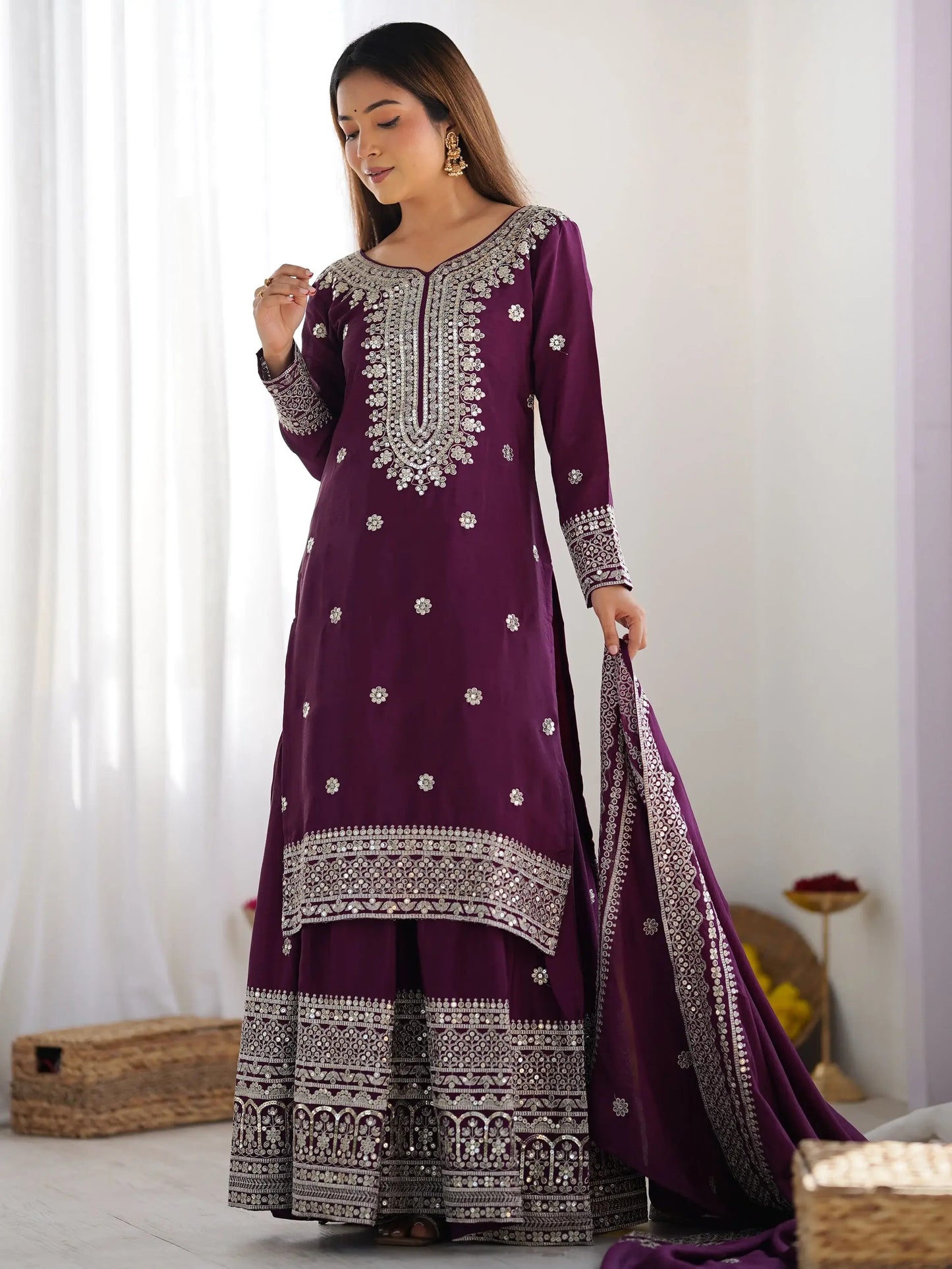 Sequins Chinon Sharara Suit With Dupatta